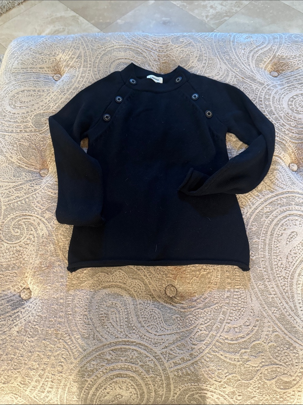 L'AGENCE Black Button-Shoulder Crewneck Sweater